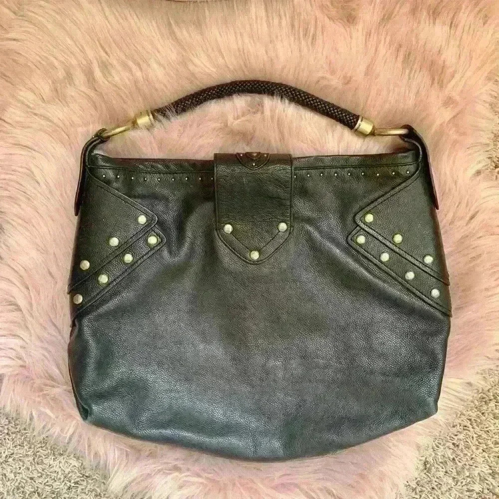 Cole Haan | Black leather gold studded bucket bag purse w/ braided handle - Picture 3 of 5